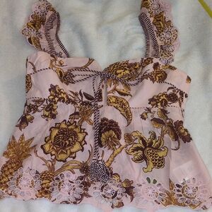 Large Farm Rio Pink and Brown Floral Blouse